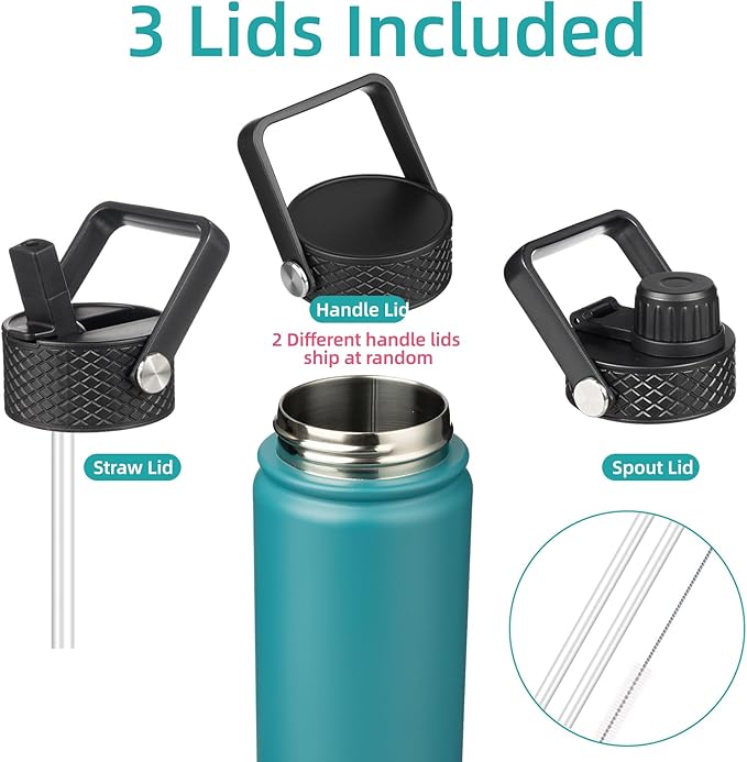 18 oz Insulated Water Bottle Stainless Steel Sport Bottles with 3 Lids,Light Blue