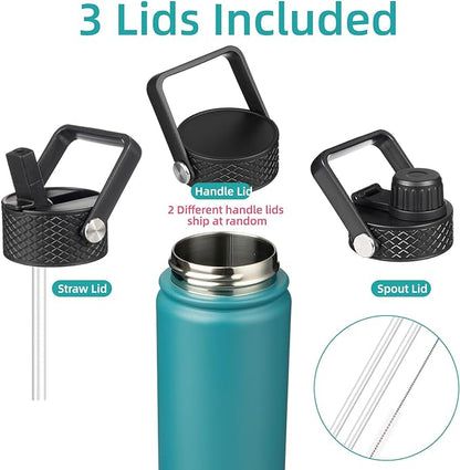 22oz Stainless Steel Bottles with 3 Lids Sport Insulated Water Bottle,Light Blue