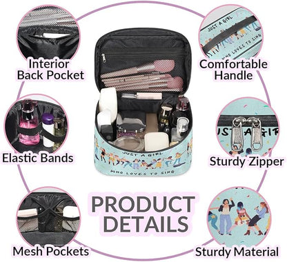 Large Makeup Bag Travel Cosmetic Bags for Women Teal Cute Colorful Music Guitar Pattern Makeup Organizer Case Toiletry Bag Wide Open Portable Pouch with Handle