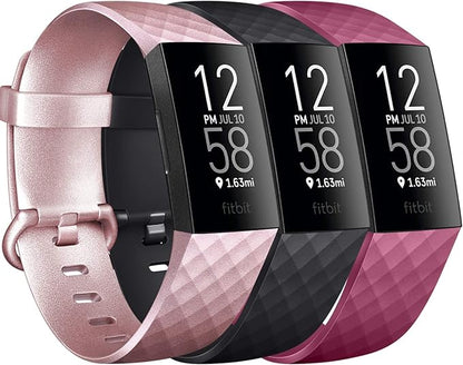 PACK 3 Silicone Bands for Fitbit Charge 4 / Fitbit Charge 3 / Charge 3 SE Replacement Wristbands for Women Men Small Large(Without Tracker) (Large: for 7.1"-8.7"wrists, Rose Gold+Black+Wine Red)