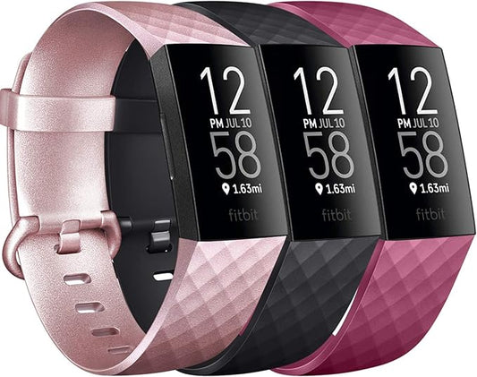 PACK 3 Silicone Bands for Fitbit Charge 4 / Fitbit Charge 3 / Charge 3 SE Replacement Wristbands for Women Men Small Large(Without Tracker) (Large: for 7.1"-8.7"wrists, Rose Gold+Black+Wine Red)