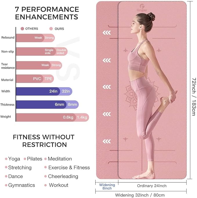 Yoga Mat Non Slip TPE Extra Wide Yoga Mat with Alignment Mark, 72"L x 32"W x 0.32"/0.24"Th (183cm x 81cm x 8mm/6mm), Anti-Tear Exercise Mat with Carrying Strap and Bag, Workout Mats for Yoga, Pilates