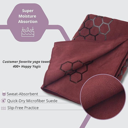 Clever Yoga Non-Slip Hot Yoga Towel – Non-Slip Grip for Hot Yoga, Sweat Absorbent, Honeycomb Silicone Grip, Stays Flat – Ideal for Pilates, Travel, Washable & Lightweight - Burgundy