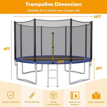 GYMAX Trampoline, 8FT 10FT 12FT 14FT 15FT 16FT Recreational Trampolines w/Safety Enclosure Net & Ladder - ASTM Certificated, Outdoor Trampoline for Kids and Adults