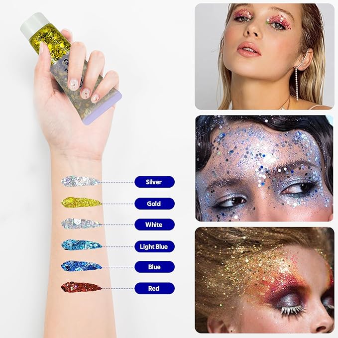 Body Glitter Gel, Face Shimmer Glitters for Women Girls, Long Lasting Sparkly Makeup for Birthday Christmas Festivals, Nails Hair Eyeshadow Paint Accessory (Gold)