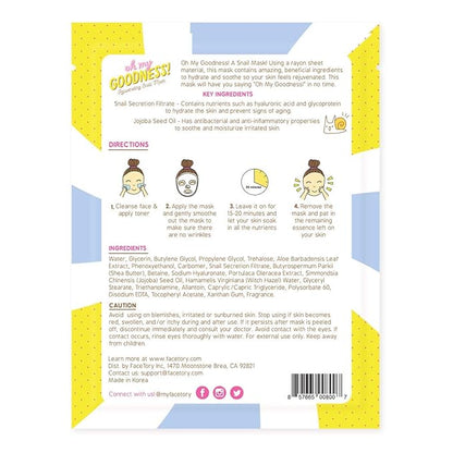 FACETORY K Beauty Face Mask Skin Care - OH MY GOODNESS REJUVENATING SNAIL Sheet Mask with Snail Essence & Hyaluronic Acid | Seal in Moisture (5 Pack)