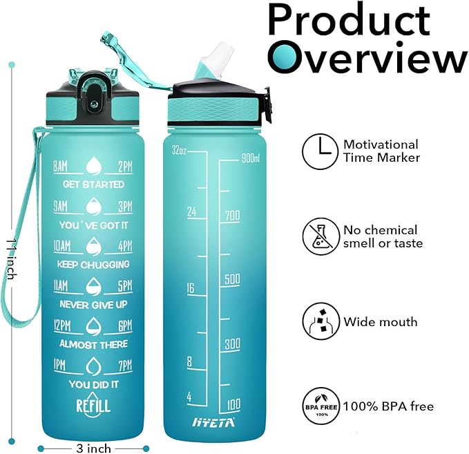 Hyeta 32 oz Water Bottles with Times to Drink and Straw, Motivational Water Bottle with Time Marker, Leakproof, Drinking Sports Water Bottle for Fitness, Gym and Outdoor