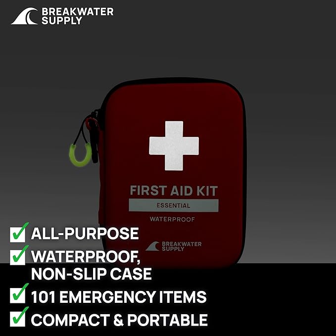 Breakwater Supply™ First Aid Kit for Car, Home, Office, Travel, Dorm, Businesses, 101 Piece HSA FSA Household & AirBNB Essentials Medical Kit & Emergency Supplies with Ice Pack + Waterproof Case Red