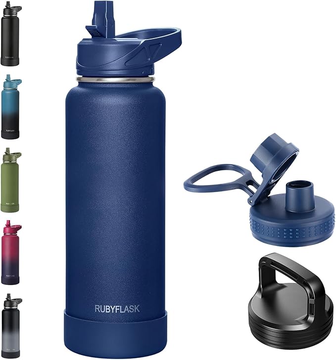 40oz Insulated Water Bottle with Straw, Stainless Steel Metal Vacuum Water Flask, Large Thermal Water bottle with Leakproof 3 Lids for Travel, Camping, Gym Sports Navy