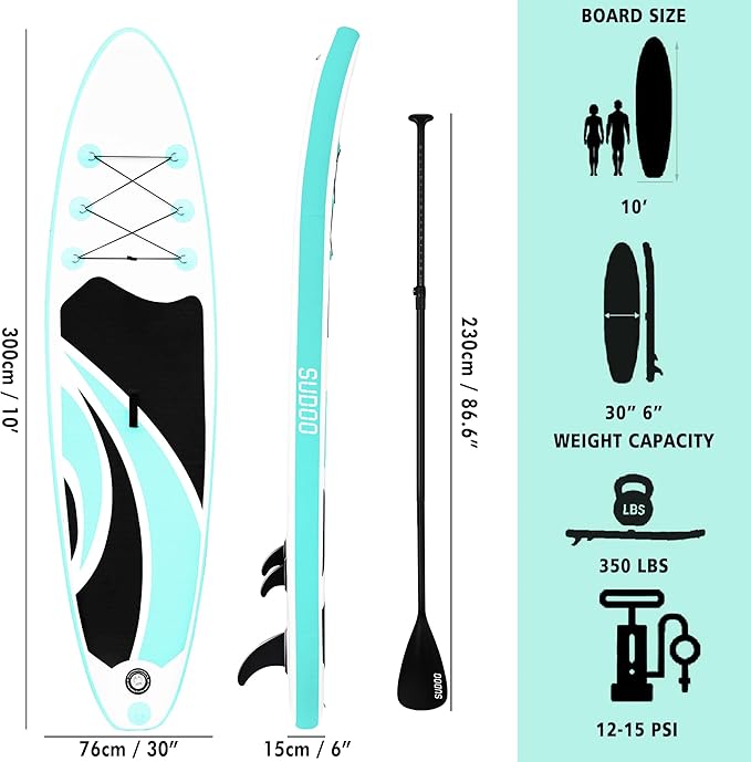 Inflatable Stand Up Paddle Board 10‘x30‘‘- Ultra-Light SUP with Backpack, Pump, Paddle, Coil Leash, 3 Fins, Repair Kit, Stable Design, Non-Slip EVA Deck for Adults & Youth