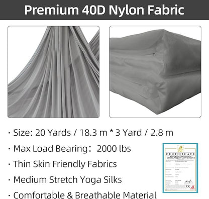 PRIOR FITNESS Aerial Silks Kit Colorful 9/15/20 Yards 40D Nylon Fabric Hammock Set With Hardware & Guide for All Levels Of Aerial Yoga Practice and Acrobatic Flying For Adults Aerial silk