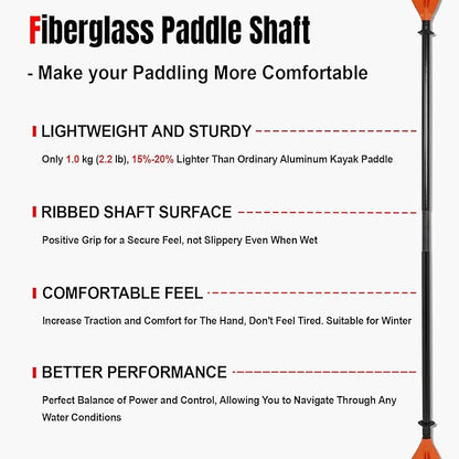 Kayak Paddles with Fiberglass Shaft and Reinforced PP Blade, Floating Adjustable Kayaking Oars, 3 Piece, 220-240 cm/86-94 Inches, 240-260 cm/94-102 Inches