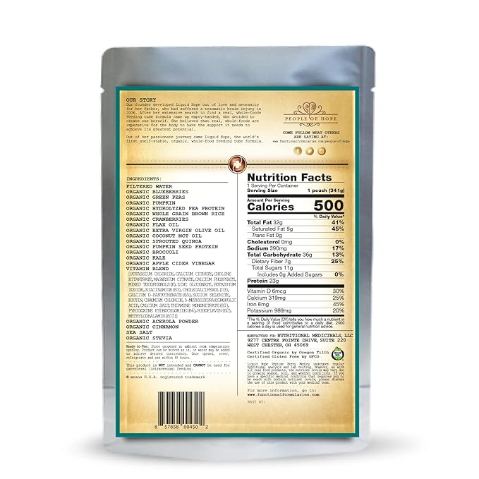 Functional Formularies Liquid Hope Peptide Berry Medley, Organic Tube Feeding Formula And Nutritional Meal Replacement Supplement, 12 Fl. Oz. Pouch, Pack of 24, Total: 288.0 Fl Oz