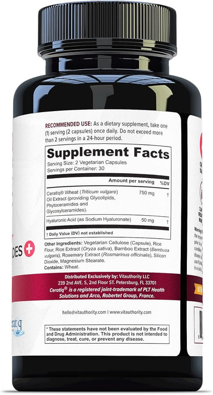 Hydrating Anti Aging Phytoceramides Supplement - Clinically Proven Ceratiq Ceramides with Hyaluronic Acid 700mg - Skin Barrier Repair Itchy Dry Skin Supplement for Women