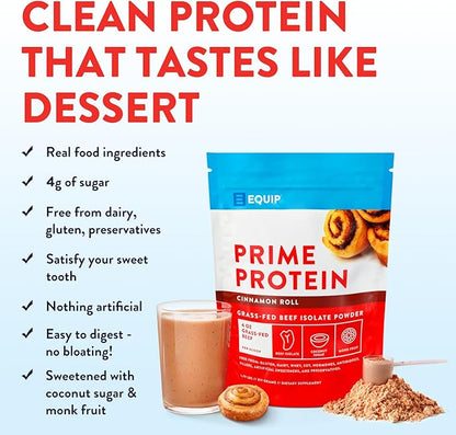 Equip Foods Prime Protein Powder | Clean, Grass Fed Beef Protein Powder for Women & Men | Carnivore Protein Isolate | Paleo, Keto Friendly | Gluten, Dairy Free | 30 Servings, Cinnamon Roll