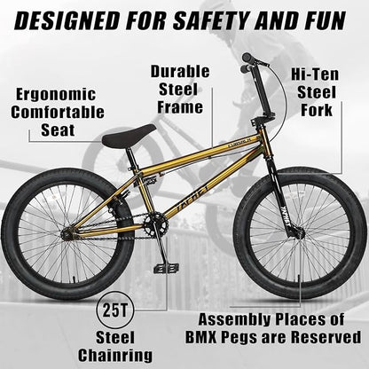 Freestyle BMX Bike, 20 Inch Yaphet Bicycle for Teen Beginner and Adult Riders, Bike with Hi-Ten Steel Frame, Multiple Colors