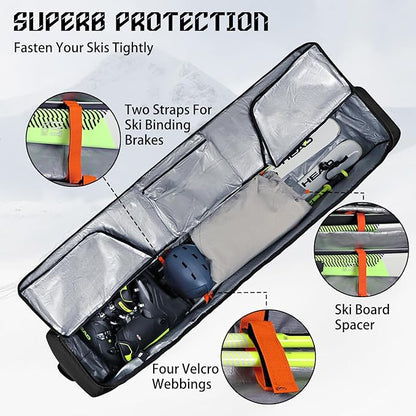 Goloni Ski Bag with Wheels,Padded Snowboard Bag for Air Travel,600D Waterproof Fabric,Foldable Snow Bag Fits 2 Pairs Skis