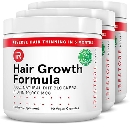 iRestore Hair Growth Supplement – Natural DHT Blockers & Multivitamin Blend – Vegan, Non-GMO, 90 Capsules – Supports Thicker, Stronger Hair for Men and Women – 3-Pack