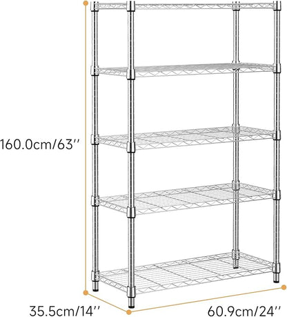 1250 lbs Steel Heavy Duty 5-Tier Utility Shelving Unit Steel Organizer Wire Rack for Home,Kitchen,Office,Chrome (13.7" D x 23.6" W x 62.4" H)