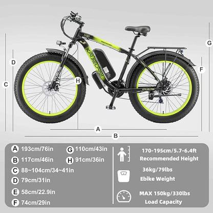 Electric Bike for Adults，26" x 4" Fat Tire Ebike，28MPH 1000W Motor Peak Power 2000W Electric Bicycles，48V 15AH Removable Battery，21 Speed Mountain Snow Beach E Bike