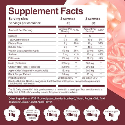 Fiber Gummies with Probiotics,10G Fiber per Serving No Sugar Added Apple Flavor, with 10 Billion CFU Probiotics Blend, Apple Cider Vinegar, Vitamin C, Inulin, Bloating Support 90 Count