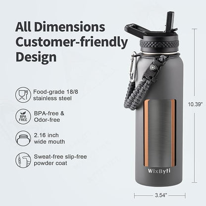 40 oz Insulated Water Bottle with Straw (Cold for 48 Hrs), Stainless Steel Triple Wall Vacuum Sports Water Jug, Leakproof Hydro Cup Flask with Paracord Handle & Straw Spout Lids & DIY Stickers