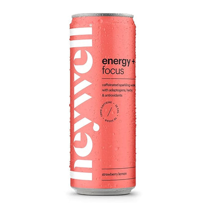 Heywell Sparkling Adaptogenic Water Energy and Focus, Strawberry Lemon Flavor 12 Fluid Ounce (Pack of 12) - Caffeinated, Organic, Non GMO, Vegan, Gluten Free, Dairy Free