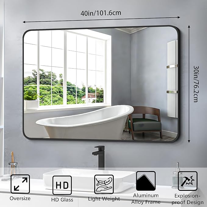 FORBATH Bathroom Mirror 30" X 40", Large Rectangular Wall Mirror, Black Metal Framed Rounded Corner Wall Mounted Mirror for Bathroom Bedroom Entryway Decor(Horizontal/Vertical)