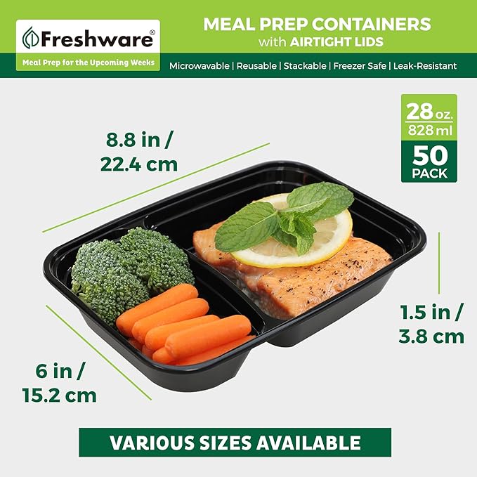 Freshware Meal Prep Containers [50 Count ] 2 Compartment with Lids, Food Storage Containers, Bento Box, BPA Free, Stackable, Microwave/Dishwasher/Freezer Safe (28 oz)