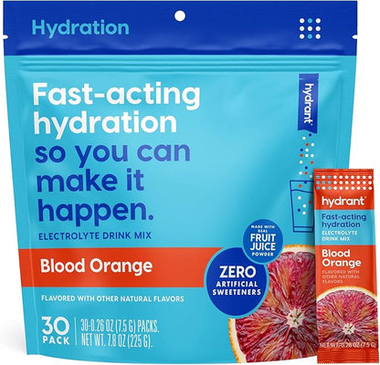 HYDRANT Hydrate, Individual Hydration Electrolyte Powder Stick Packets with No Artificial Sweeteners, Colors, or Fillers (Blood Orange, 30 Pack)