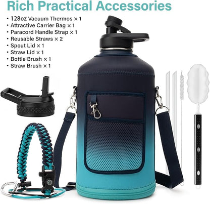 1 Gallon Water Bottle Insulated | Thickened Stainless Steel Vacuum Metal Water Jug | Portable Sports Large for Gym and Hiking with Straw, Carrier Bag, Handle Strap | BPA-Free 128 oz