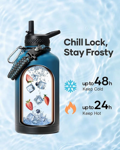 40oz Insulated Water Bottle,Stainless Steel Vacuum Water Bottle, BPA-Free & Leakproof -with Paracord Handle,Strap,Straw Spout Lids,Large Water Jug for Gym Sports