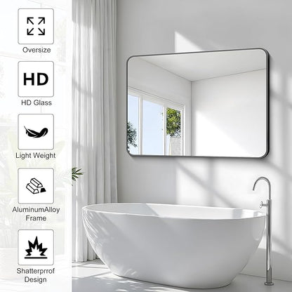 36x48 inch Bathroom Mirror,Black Rectangle Mirror,Wall Mounted Bathroom Frame Vanity Mirror with Round Corner for Bedroom Living Room, Entryway Hangs Horizontal or Vertical