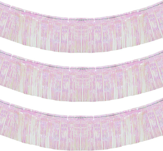 10 Feet by 15 Inch Iridescent White Foil Fringe Garland - Pack of 3 | Metallic Tinsel Banner | Ideal for Parade Floats, Bridal Shower, Wedding, Birthday, Christmas | Wall Hanging Drapes (3)