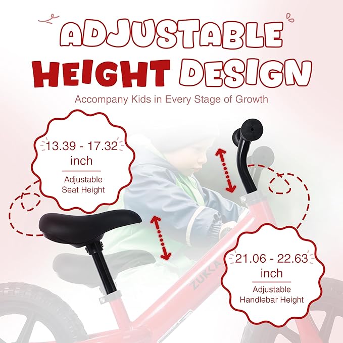 12 inch Toddler Balance Bike Adjustable Handlebar & Seat Anti-Slip Grip Suitable for 2-5 Years Old with Footrest Lightweight for Tolddlers Boys Girls Multiple Colors to Choose