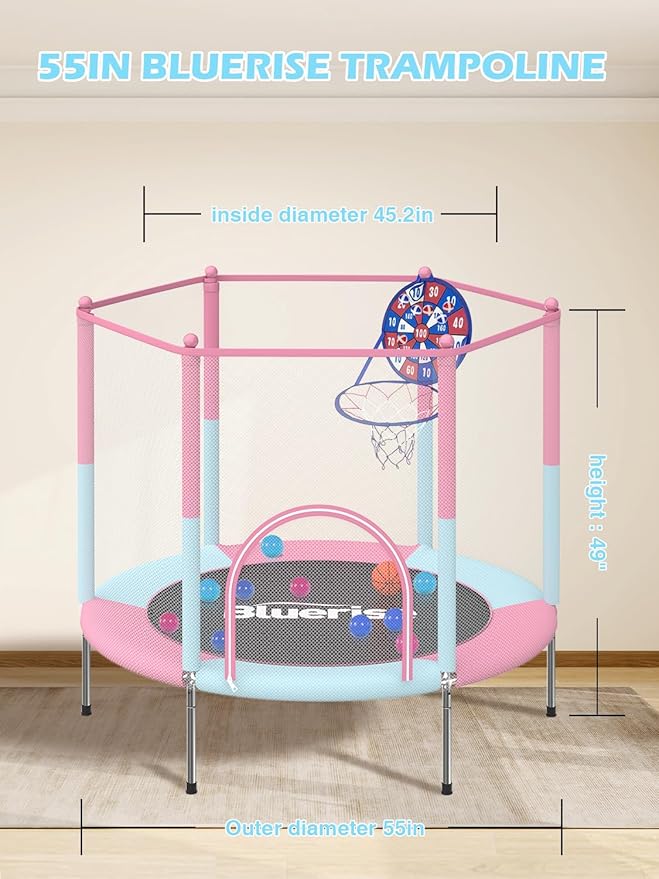 BLUERISE Trampoline 55IN 6FT Toddler Trampoline for Kids Indoor Outdoor Play for Kids Trampoline Basketball Hoop Attachment with Enclosure Net Easy to Assemble Outdoor Indoor Trampoline