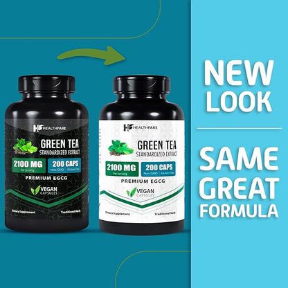 EGCG Green Tea Extract Supplement, 2100mg | 200 Capsules | Standardized 50% EGCG, 98% Polyphenols | 80% Catechins | Non-GMO | Gluten-Free