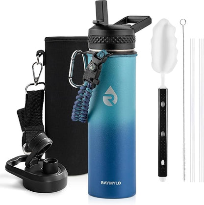 Insulated Water Bottle 20 oz, Triple Wall Vacuum Stainless Steel (Cold for 48 Hrs), Leak Proof & Non-BPA, Kids Water Bottle Jug for School with Straw Spout Lids, Cyan Blue