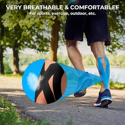 (3 Pack) Kinesiology Tape for Physical Therapy Sports Athletes–Latex Free Elastic Kinetic Tape 16ft Water Resistant Kinetic Uncut Sport Tape for Knee Pain, Shoulder Muscle & Elbow(Black+Blue+Beige)