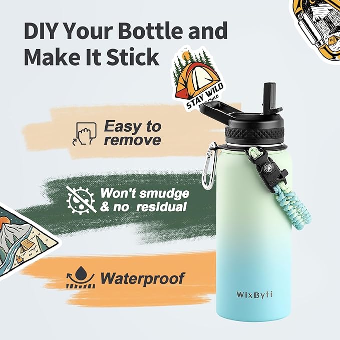 32 oz Insulated Water Bottle with Straw (Cold for 48 Hrs), Stainless Steel Triple Wall Vacuum Sports Water Jug, Leakproof Hydro Cup Flask with Paracord Handle & Straw Spout Lids & DIY Stickers