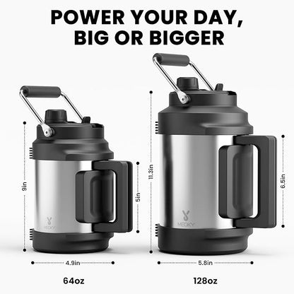 Meoky 1 Gallon Insulated Water Bottle for Travel 128 oz Triple Wall Vacuum Stainless Steel Water Jug - Top and Side Handles, Cold for 48 Hrs, 2-in-1 Straw and Spout Lid, Leak Proof for Work (Silver)