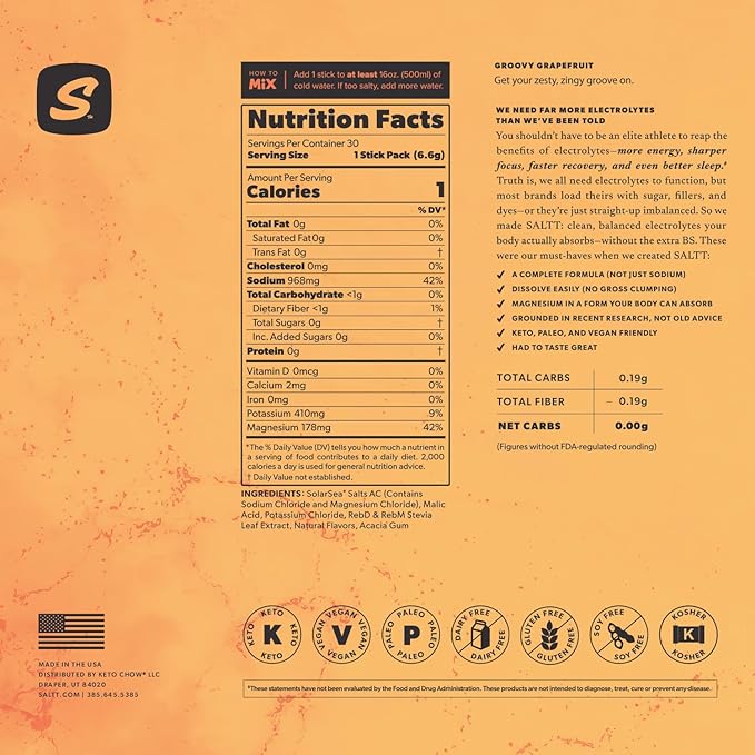 Keto Chow SALTT Electrolytes Powder Packets, Groovy Grapefruit (30 Hydration Packets) - Magnesium, Potassium, Sodium, Trace Minerals - Vegan, Sugar & Gluten Free - Travel Essentials - Made in USA