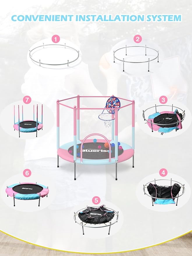 BLUERISE Trampoline 55IN 6FT Toddler Trampoline for Kids Indoor Outdoor Play for Kids Trampoline Basketball Hoop Attachment with Enclosure Net Easy to Assemble Outdoor Indoor Trampoline