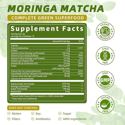 (2 Pack) Moringa Powder – Superfood Blend with Matcha, Green Tea & Resveratrol – Moringa Supplement for Energy, Antioxidant & Immune Support – Vegan, Gluten-Free, Easy-to-Mix Drink (8oz)