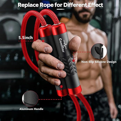 Weighted Jump Rope, 1LB Tangle-Free Ball Bearing Rapid Speed Skipping Rope for Men Women, Adjustable 9mm Cotton & PVC Rope with Alum Handle for Boxing MMA Weight-Loss Athletic Workout Fitness