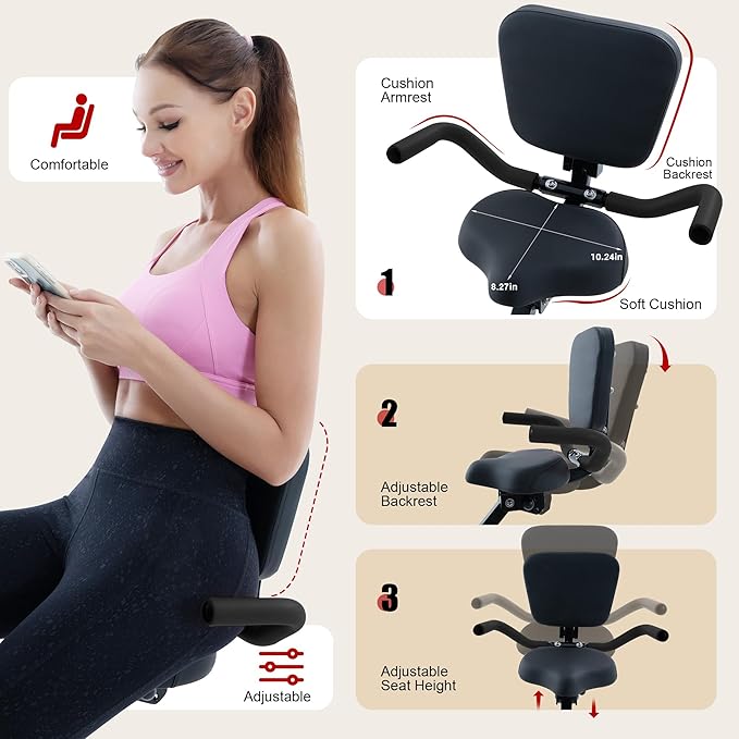 BARWING Stationary Exercise Bike for Home Workout, 5 IN 1 Foldable Indoor Cycling Bike for Seniors, 350LB Capacity, 16-Level Magnetic Resistance, Seat Backrest Adjustments