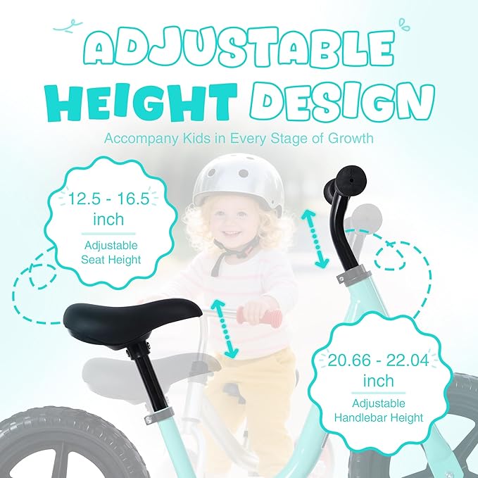 12 inch Toddler Balance Bike Adjustable Handlebar & Seat Anti-Slip Grip Suitable for 2-5 Years Old with Footrest Lightweight for Tolddlers Boys Girls Multiple Colors to Choose