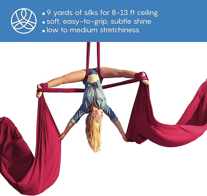 Aerial Silks Starter Kit - Durable 9 Yards of Aerial Yoga Hammock with Hardware & Guide - Aerial Swing for Acrobatic Flying Yoga & All Levels (Aerial Rigging Point Up to 13ft)