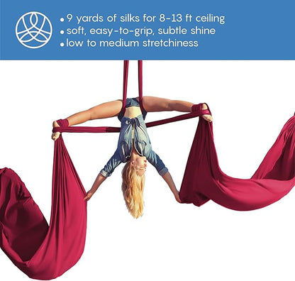 Aerial Silks Starter Kit - Durable 9 Yards of Aerial Yoga Hammock with Hardware & Guide - Aerial Swing for Acrobatic Flying Yoga & All Levels (Aerial Rigging Point Up to 13ft)
