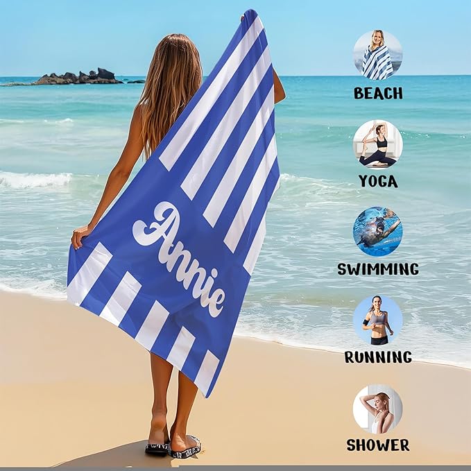 JML Personalized Beach Towel with Name, Custom Cabana Stripe Beach Towel, Customized Microfiber Pool Towel, Quick Dry & Absorbent Swim Towel for Adult,Mother's Day, Birthday, Summer Holiday,Vacation